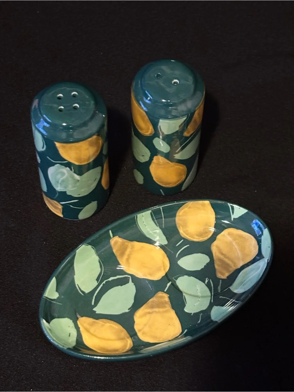Anthropologie Holly and Pear Salt & Pepper Shakers with Underplate. Ceramic